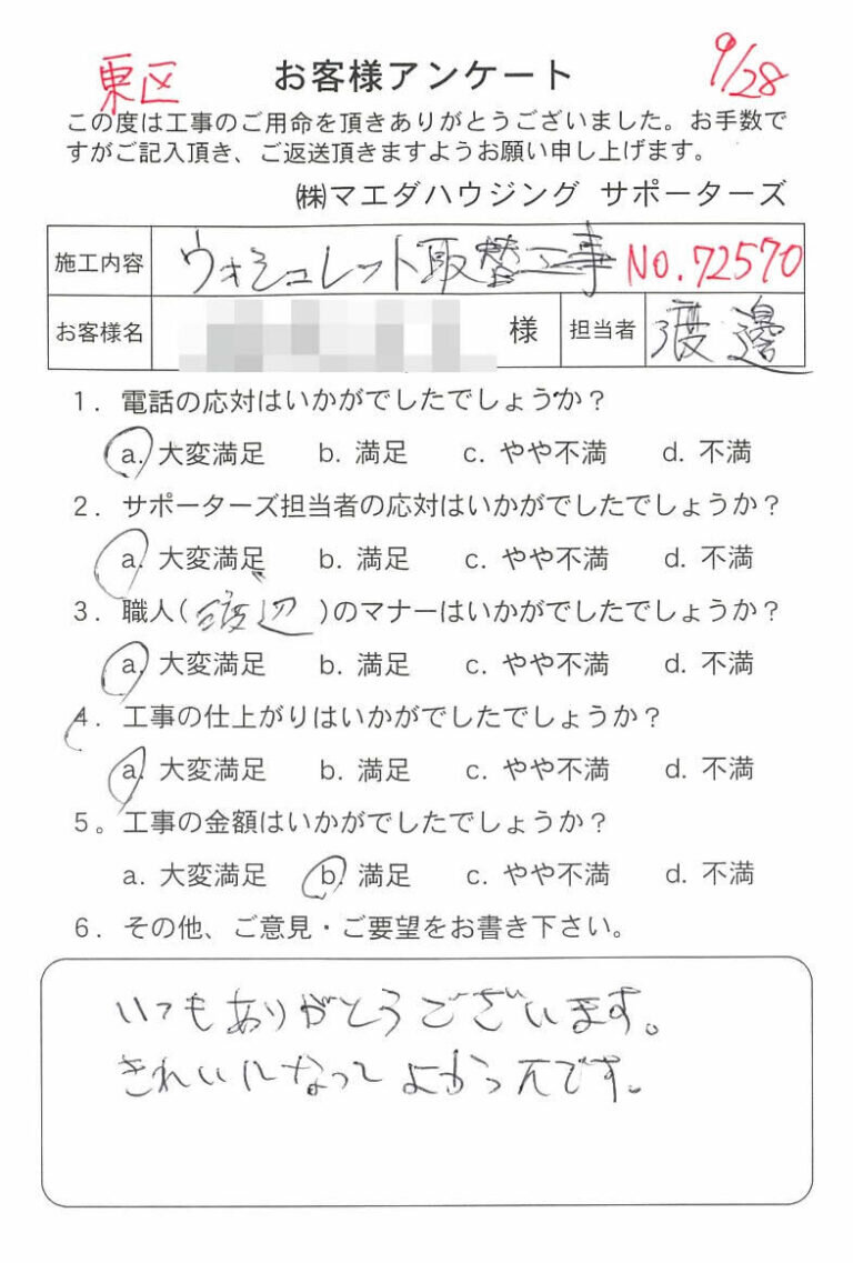 東区　ウォシュレット取替工事のお客様アンケート