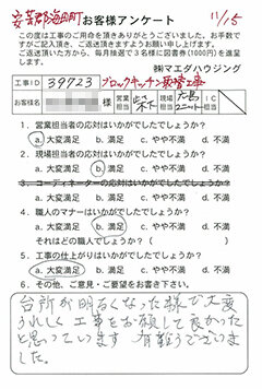 安芸郡海田町 ブロックキッチン取替工事のお客様アンケート