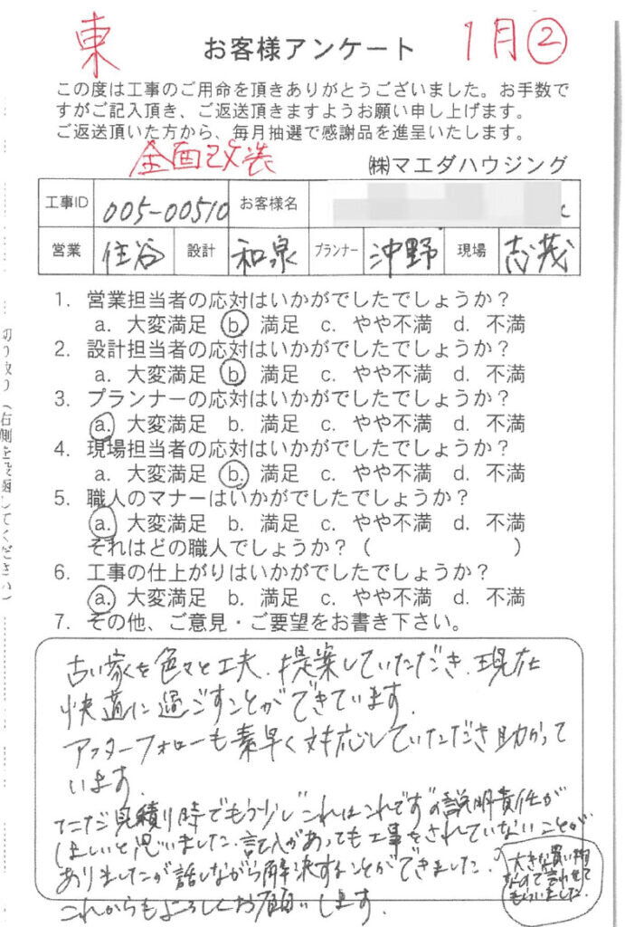 全面改装工事のアンケート
