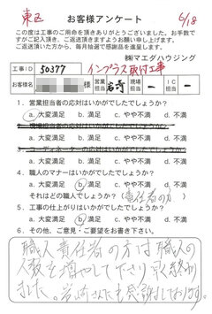 東区　インプラス取付工事のお客様アンケート