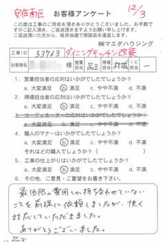 安佐南区　ダイニングキッチン改修工事のお客様アンケート