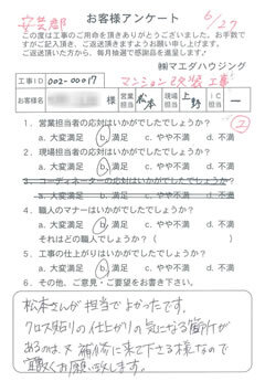 安芸郡　マンション改装工事のお客様アンケート