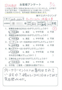 安佐南区　キッチントイレ洗面工事のお客様アンケート