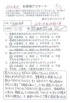 安佐南区　浴室洗面改装工事のお客様アンケート