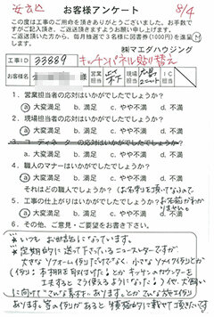 安芸区 キッチンパネル張り替えのお客様アンケート