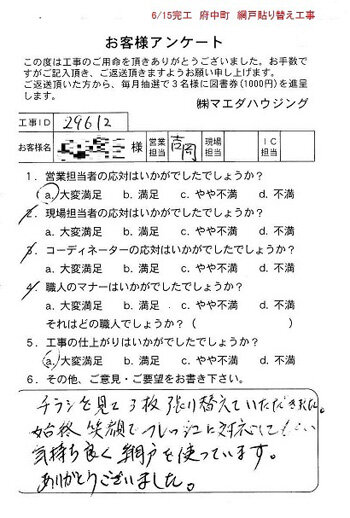 府中町　網戸貼替え工事のお客様アンケート