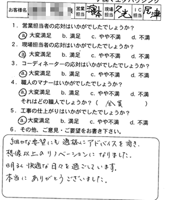 中区LDK改装工事のお客様アンケート